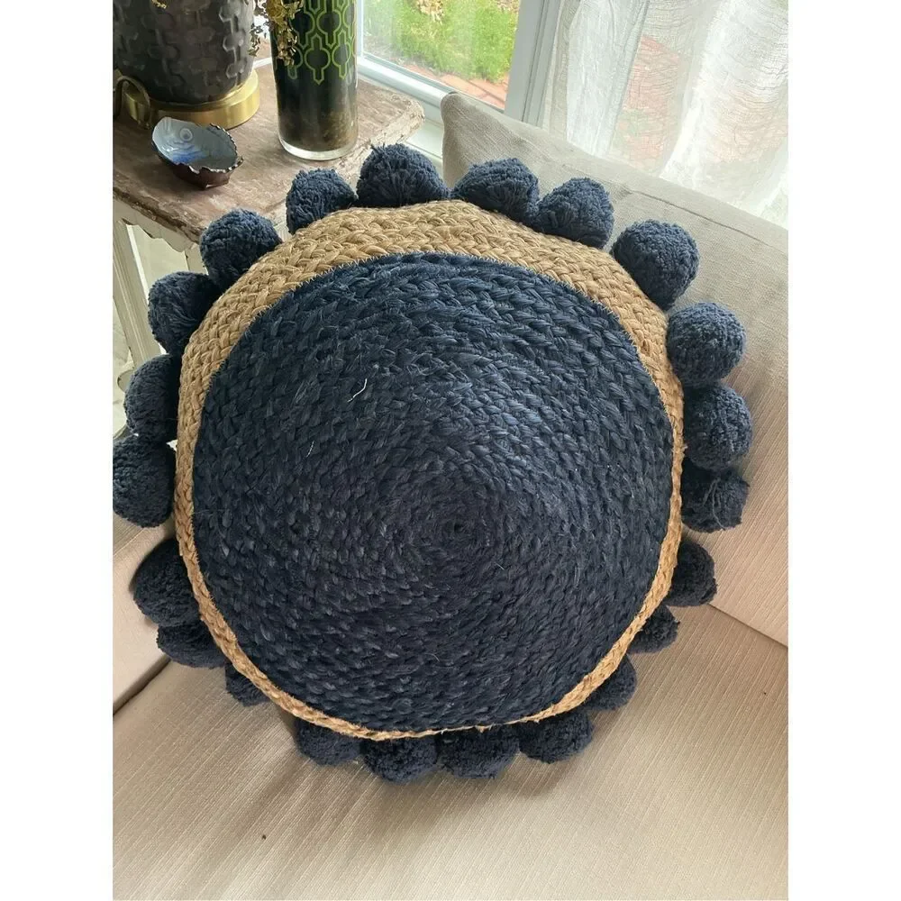 Pair of 24” Round Navy and Natural Jute Pom-Pom Throw Pillows Boho